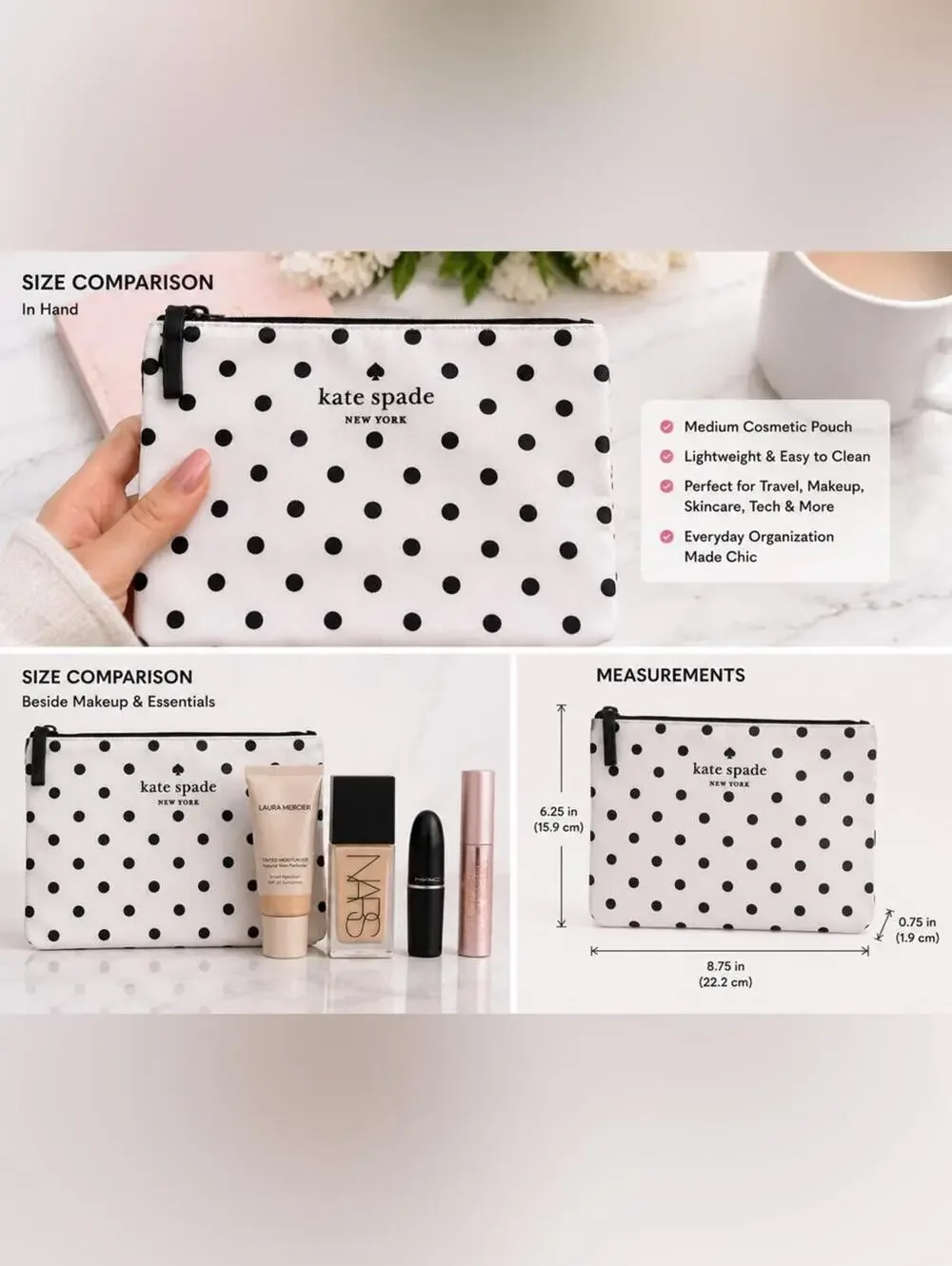 Kate Spade New York Haven Lane Berrie Black Polka Dot Cosmetic Pouch NWOT